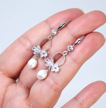 Natural Cultured Freshwater Pearl Drop Bridal Earrings, Crystal Bridal Earrings, Statement Earrings Cz